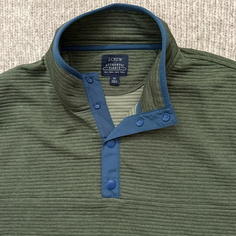 J.Crew Authentic Fleece Pullover Green XL Snap Mock Neck‎ Long Sleeve